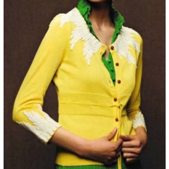 Moth Anthropologie Sunny Yellow Cotton Wysteria Lace Trim Fitted Cardigan, Med - Picture 1 of 9